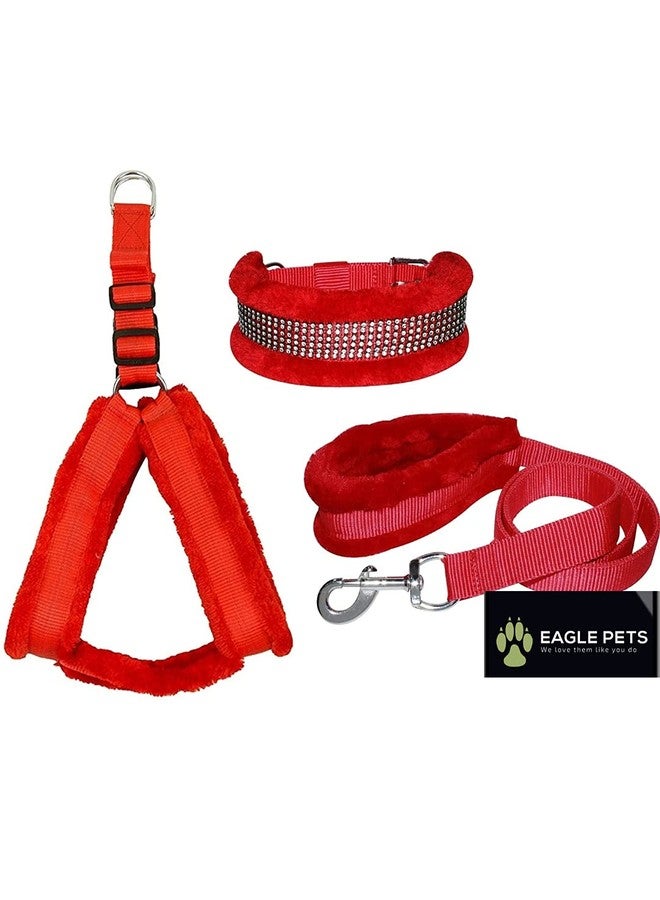 Eagle Pets Nylon Fur Dog Harness , Dog Collar & Leash . Adjustable (Medium, Red) - Image 1